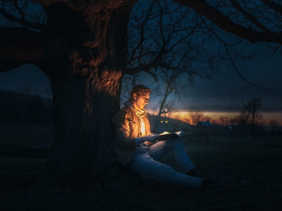 woman in white dress sitting on ground under tree during night time