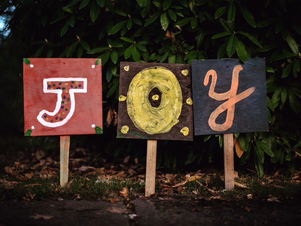 three assorted-color joy signage