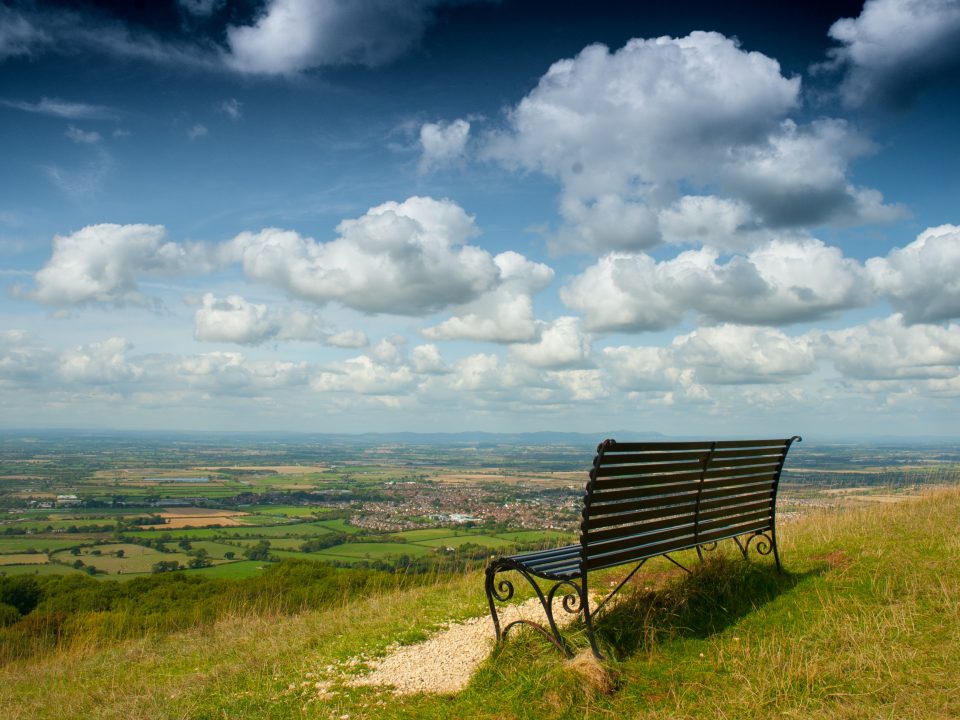 black bench on hill full of grasses