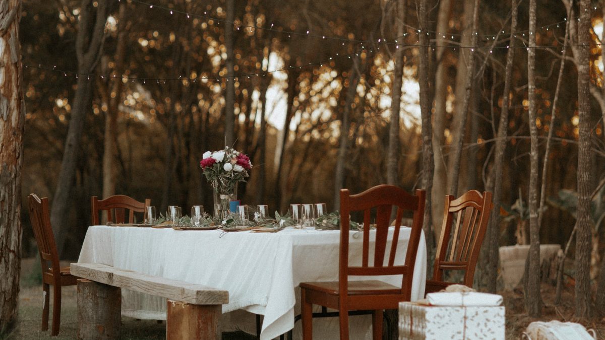 dining table and chairs set in the middle of the woods