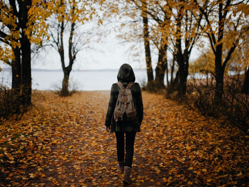 woman walking on pathway with falling leaves near body of water during daytime