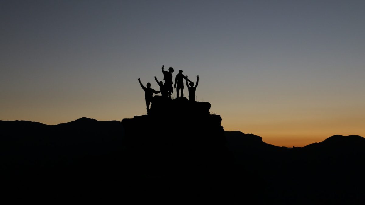 silhouette of people standing on highland during golden hours