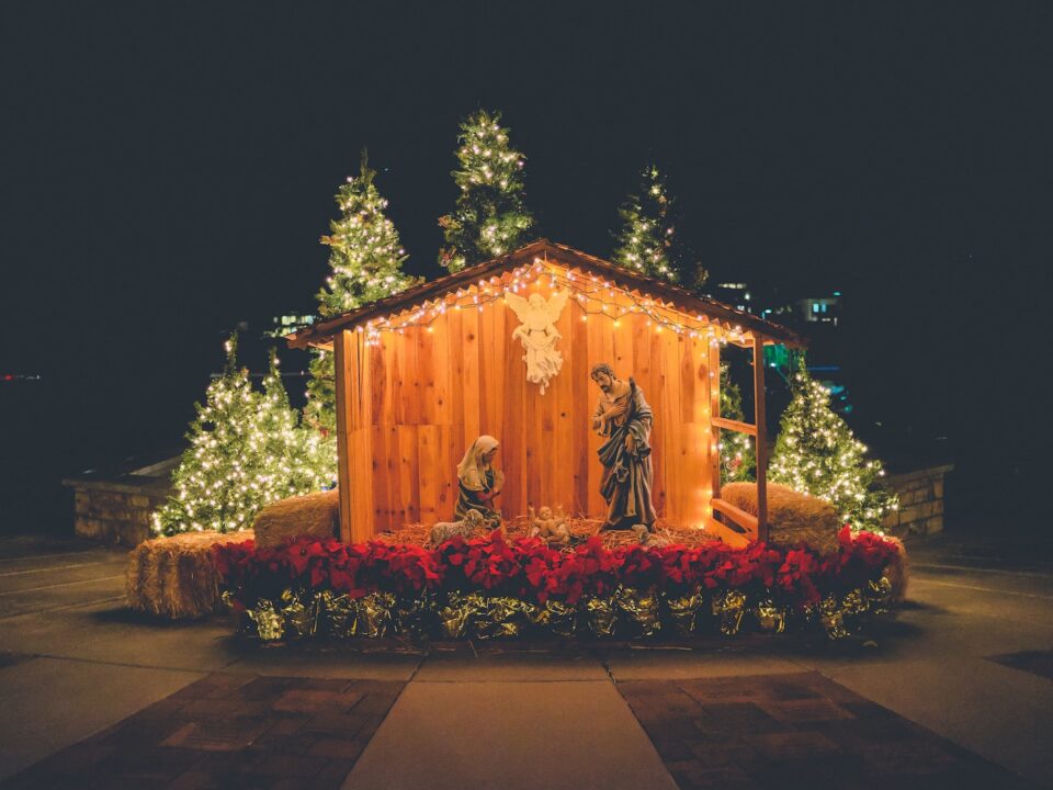 nativity outdoor decor during night time