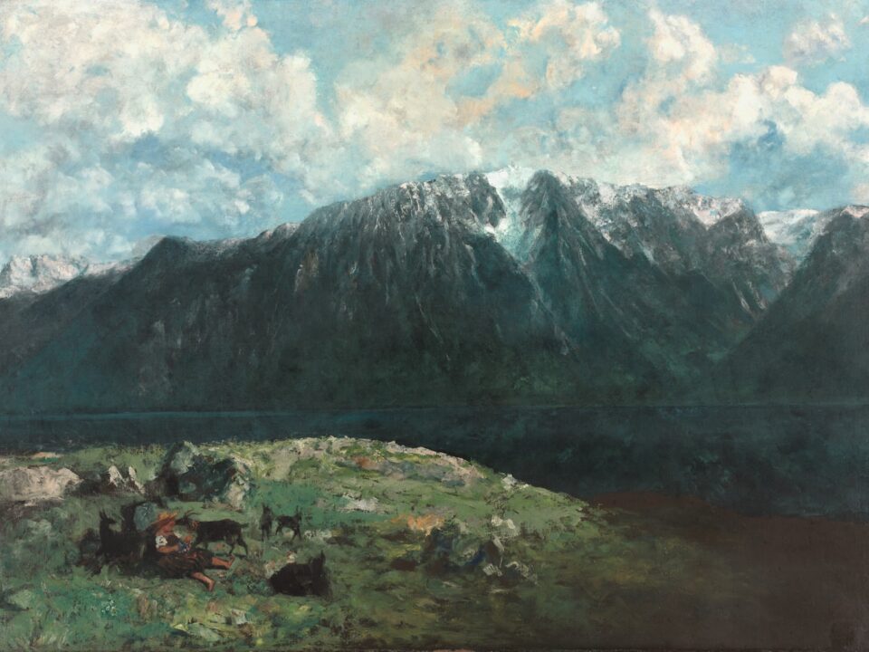 a painting of a mountain range with a lake in the foreground