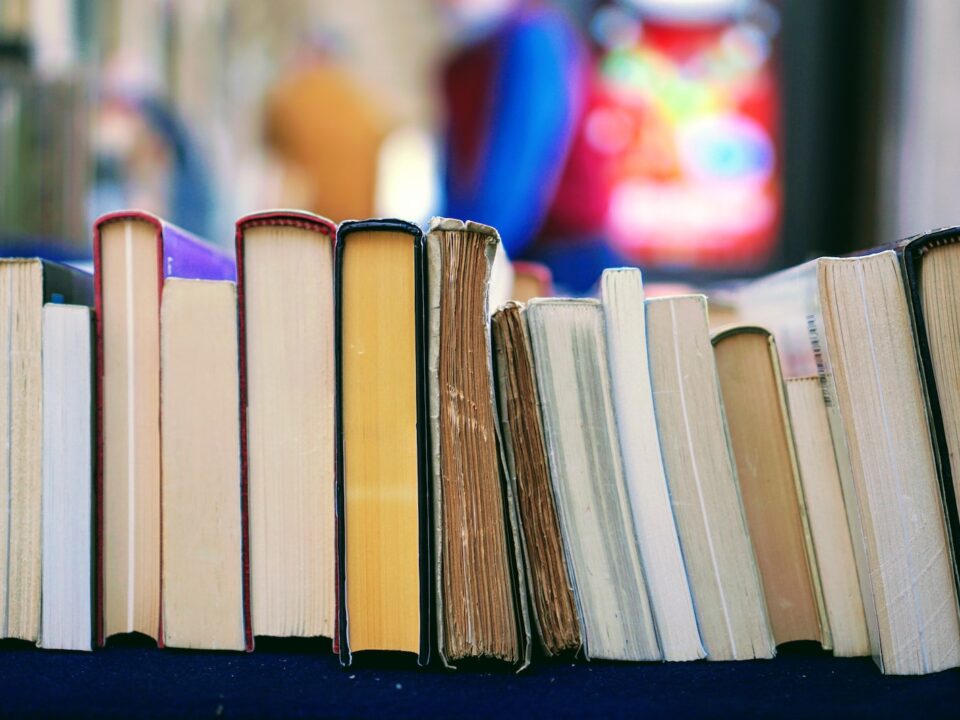 book lot on table