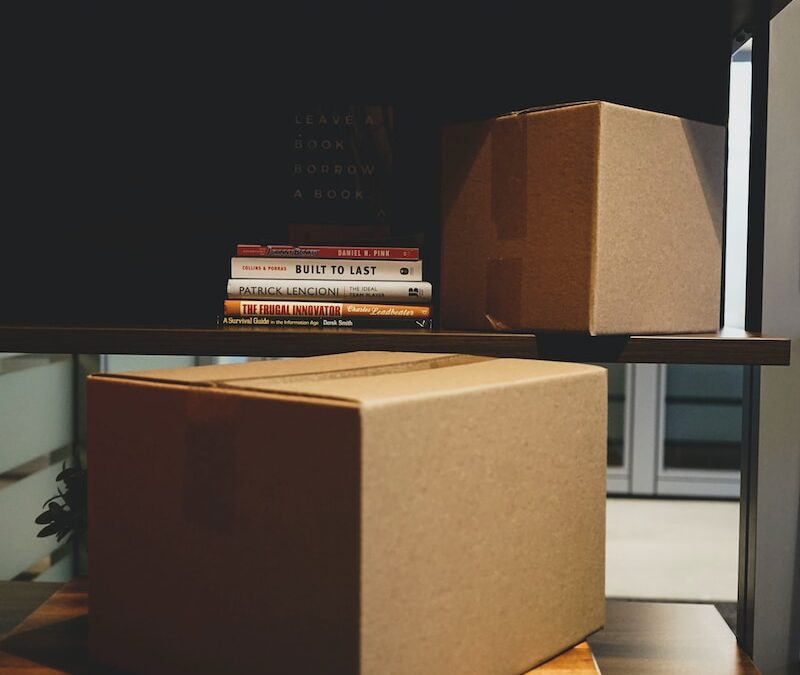 two brown boxes and DVD cases on rack