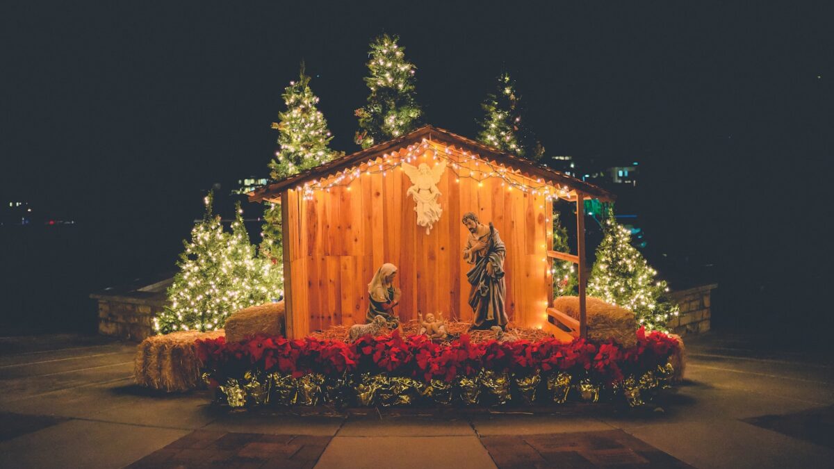 nativity outdoor decor during night time