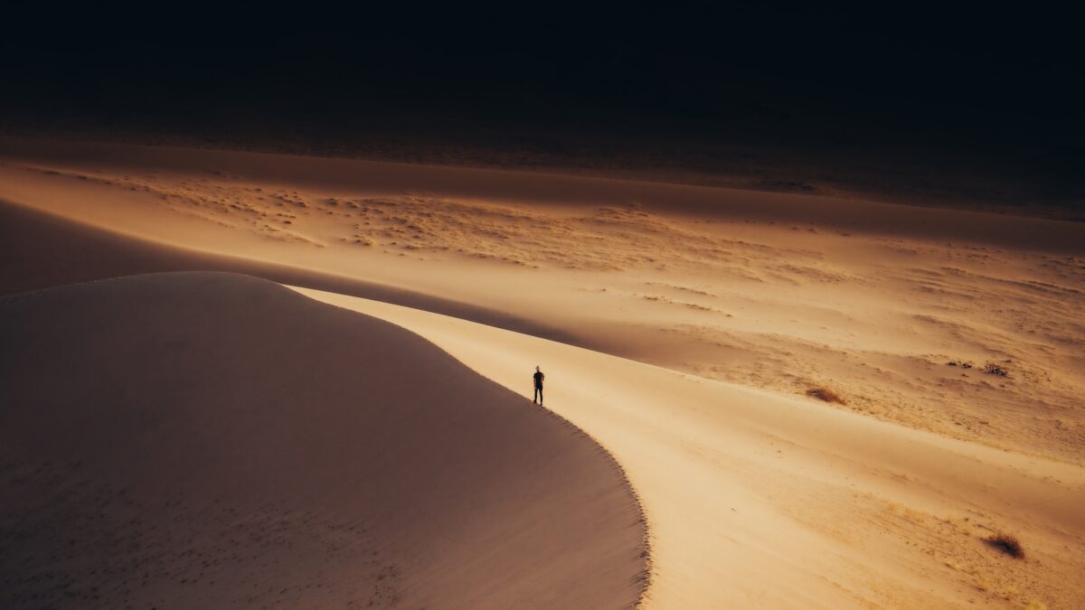 a lone person standing in the middle of a desert