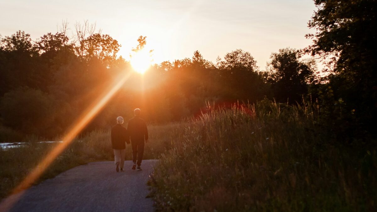 2 person walking on pathway during sunset