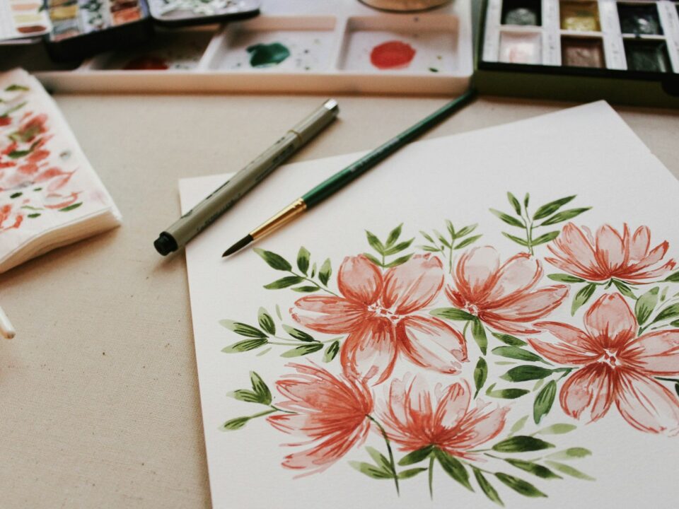 red petaled flower painting