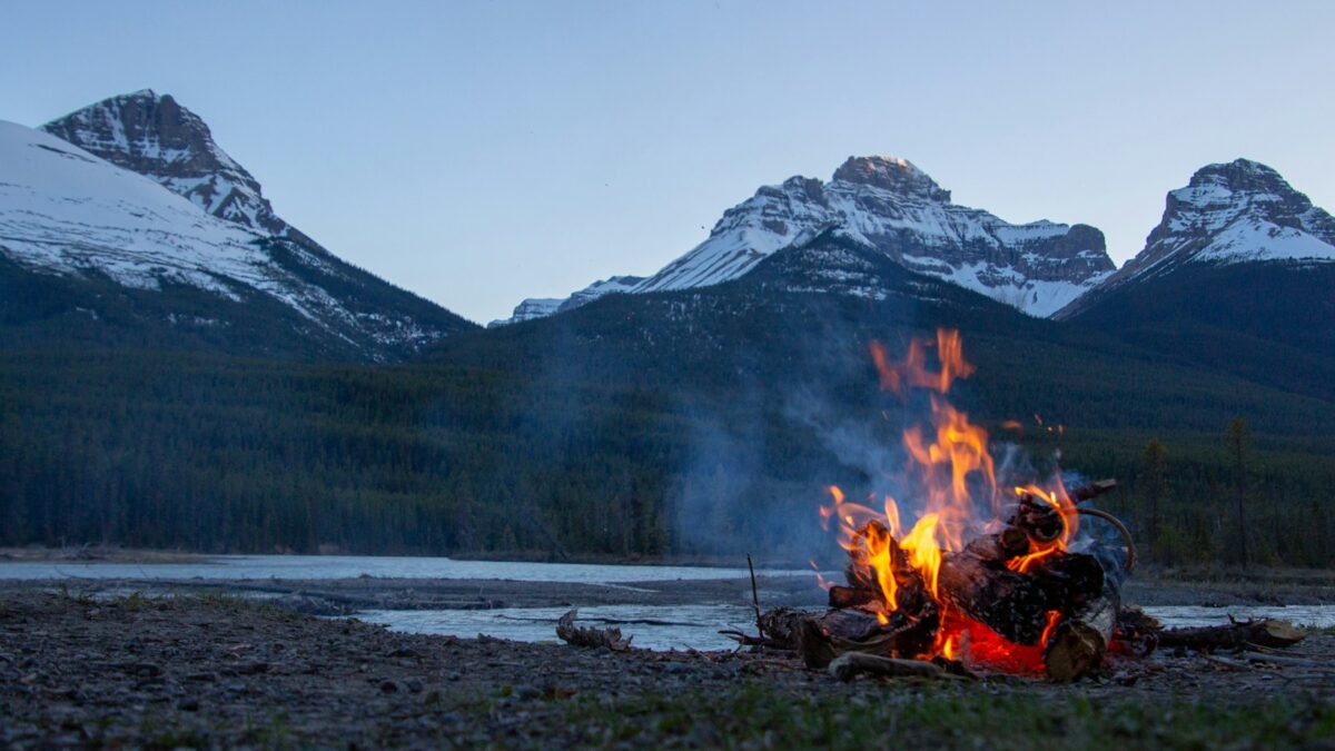 bonfire near mountain