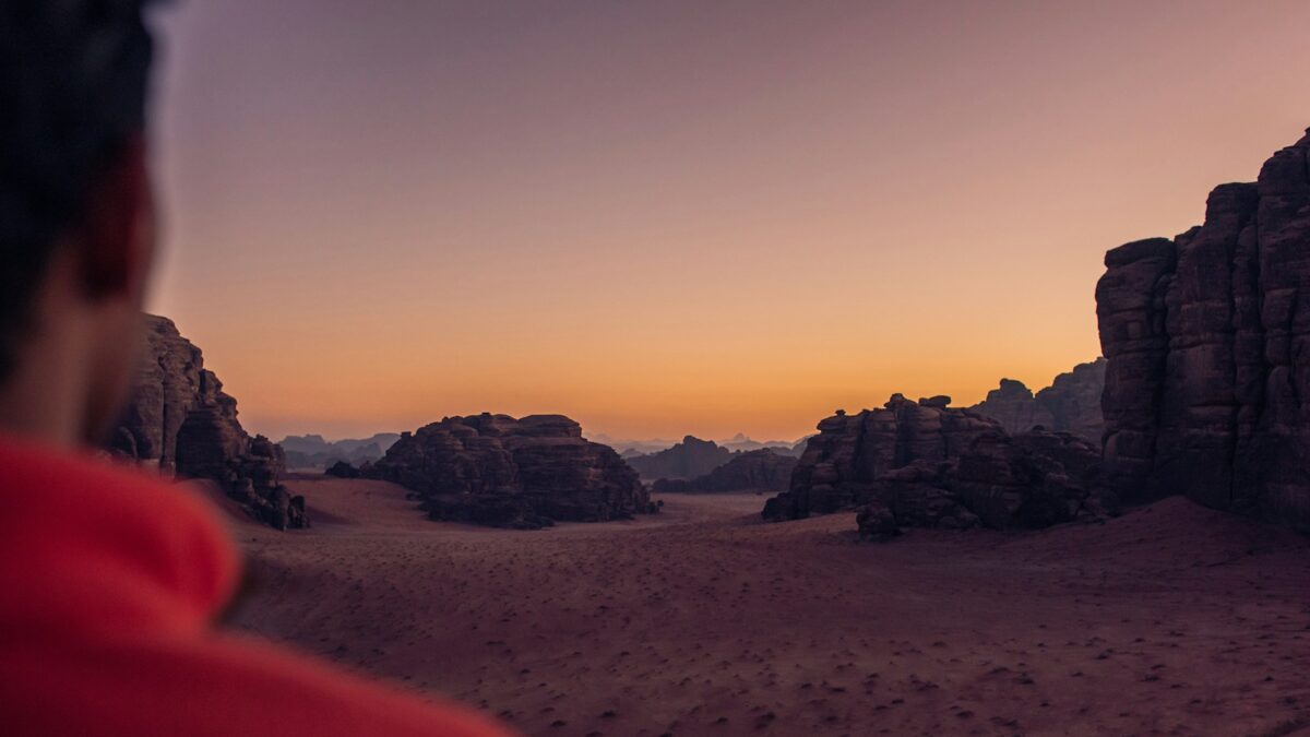 a man in a red shirt is looking at the desert