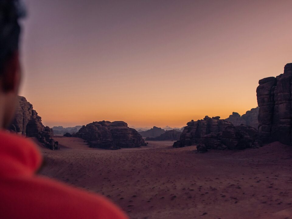 a man in a red shirt is looking at the desert