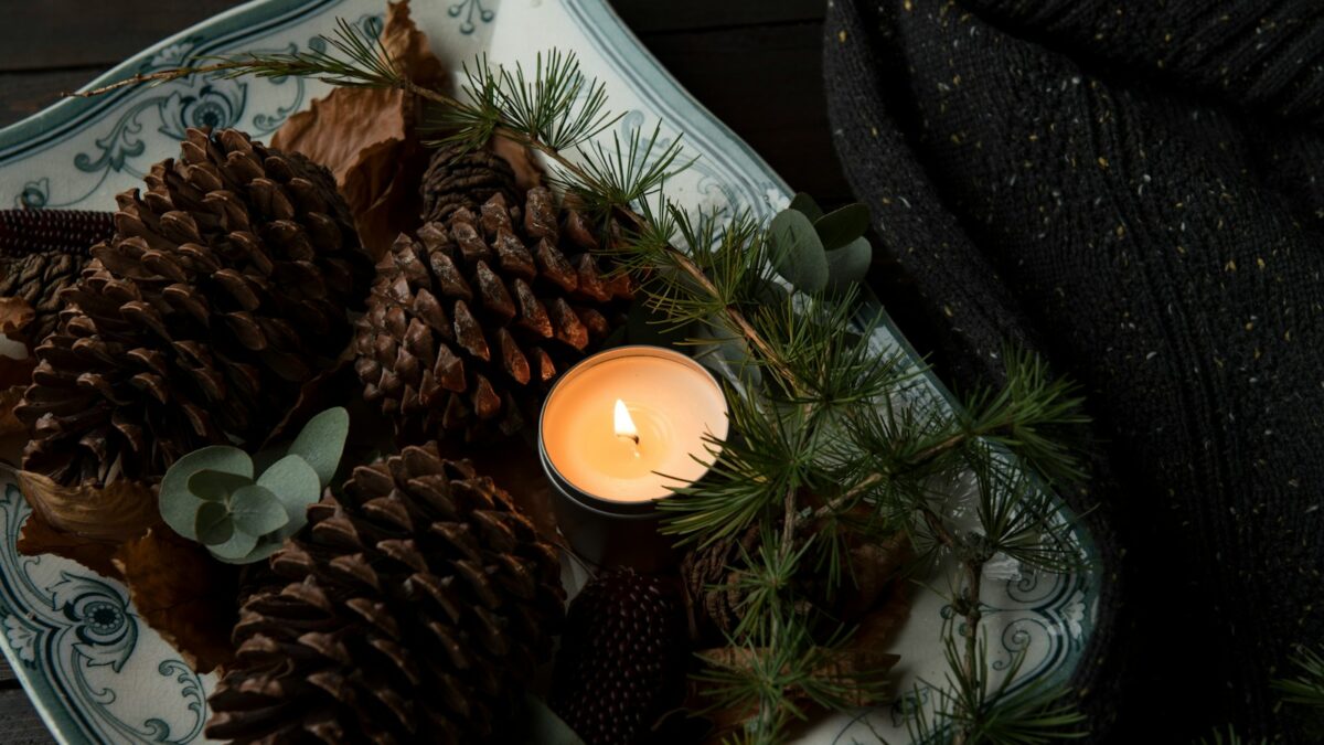 lighted candle on plate beside the pinecones