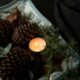 lighted candle on plate beside the pinecones