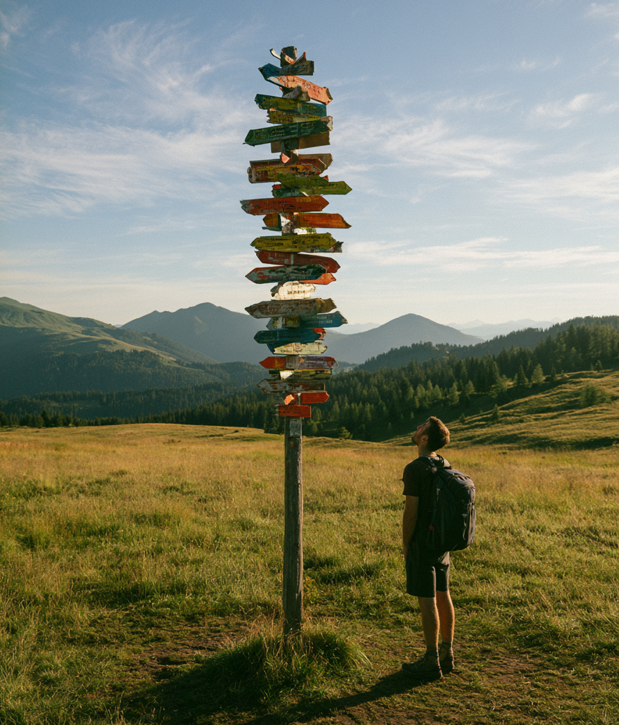A person standing before multiple paths leading in different directions