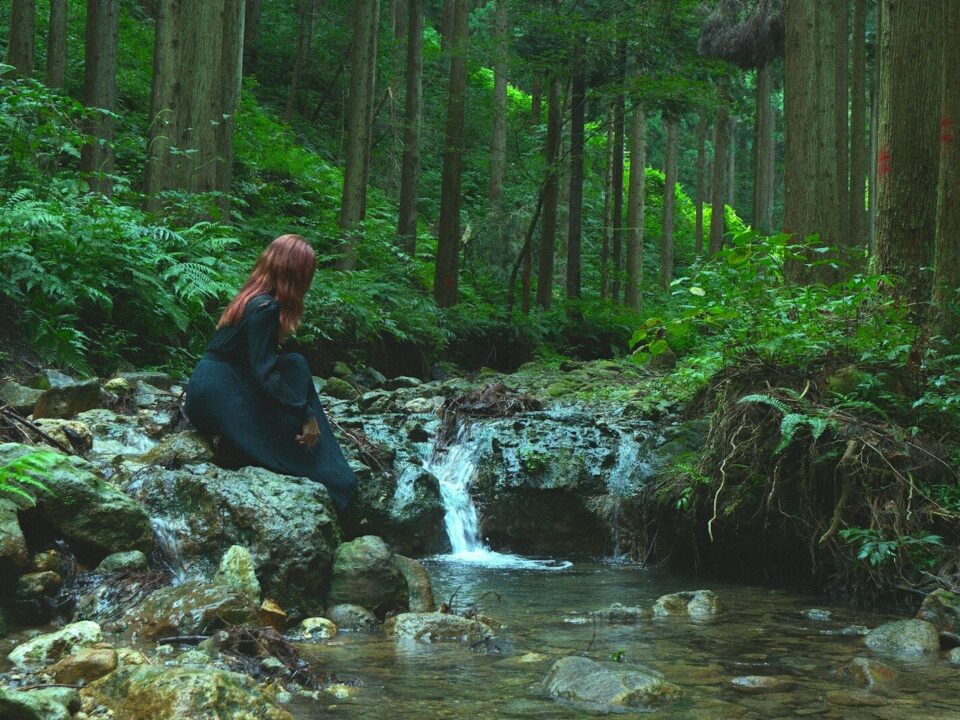 A person in a black dress on a rock by a forest stream
