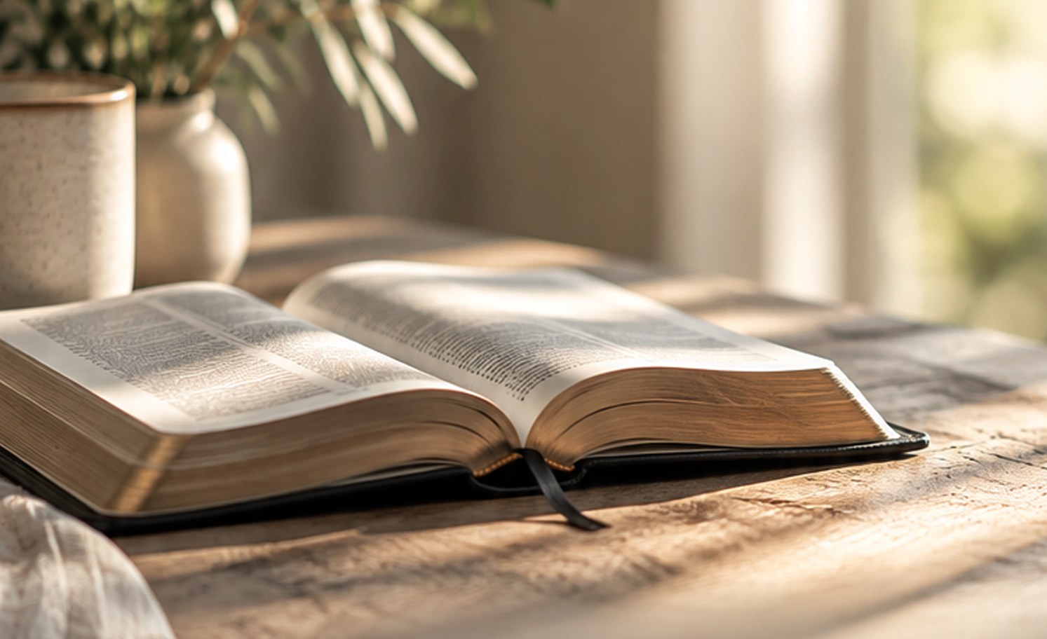 An open Bible on a wooden table in soft morning light